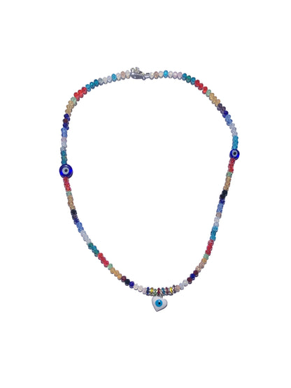 multicolored crystal beaded choker necklace with two circular blue evil eye charms, and a heart shaped evil eye pendant.